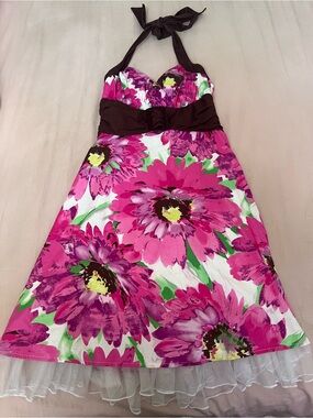 City Triangles Pink Floral Halter Dress with Brown Accents